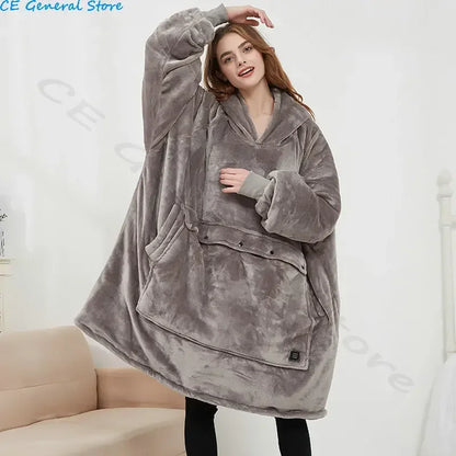 🦥 The Snuggly Sloth™ Unisex USB Heated Oversized Hoodie Blanket – Flannel Snuddie with Hood & Collar