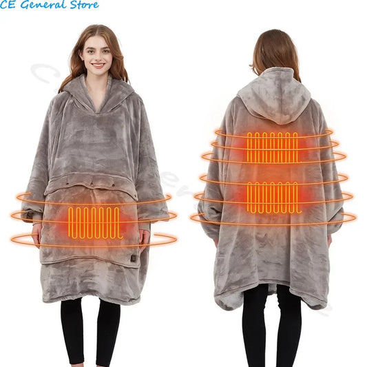 🦥 The Snuggly Sloth™ Unisex USB Heated Oversized Hoodie Blanket – Flannel Snuddie with Hood & Collar