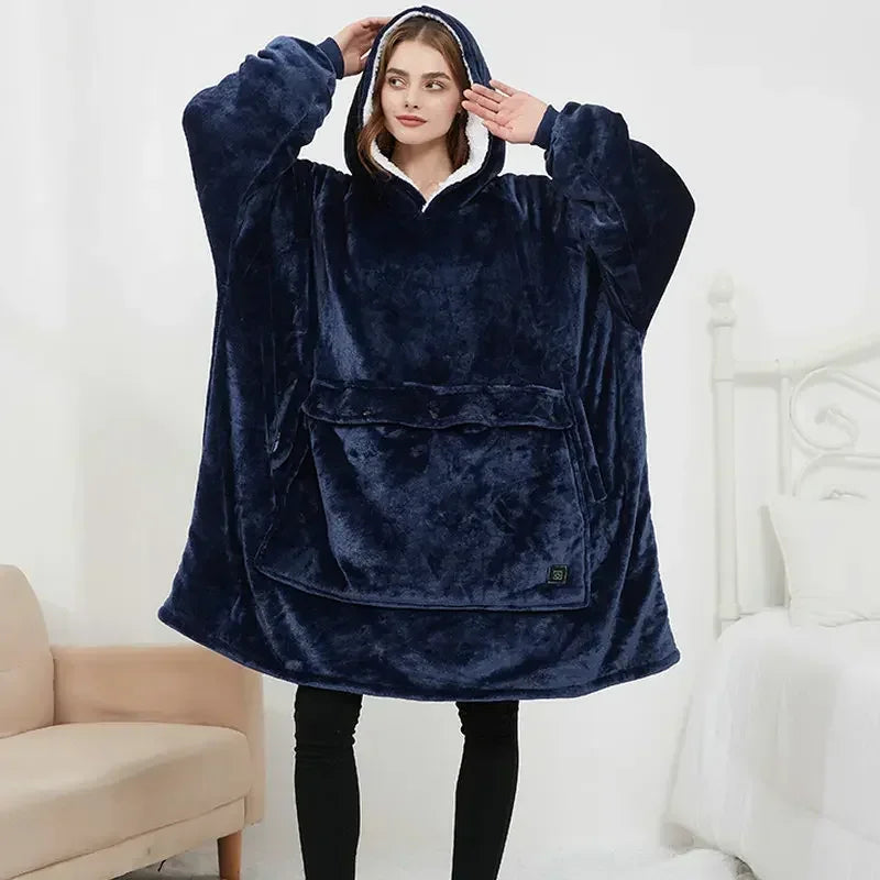 🦥 The Snuggly Sloth™ Unisex USB Heated Oversized Hoodie Blanket – Flannel Snuddie with Hood & Collar