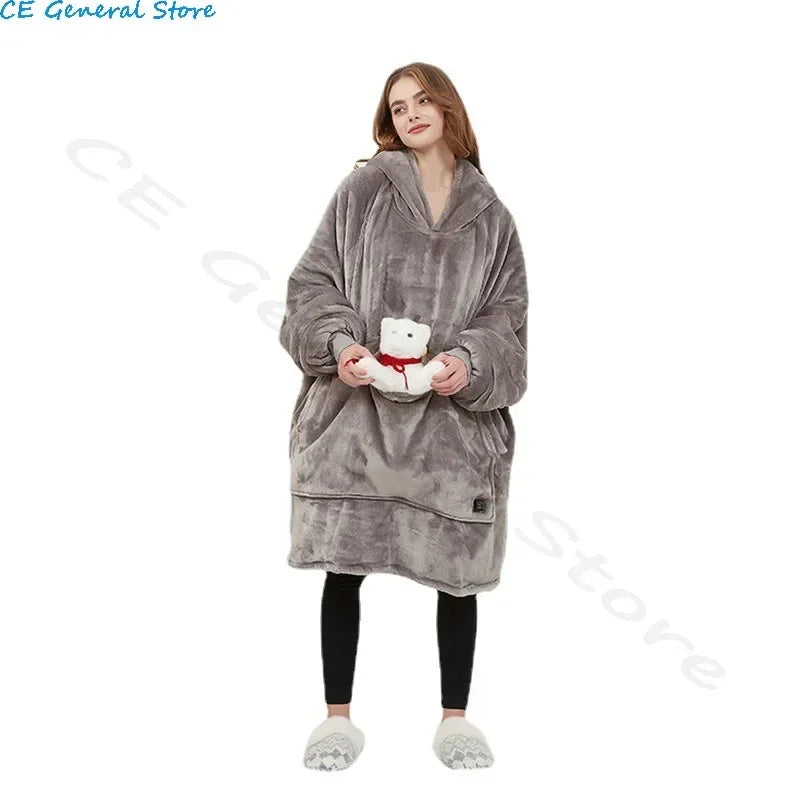 🦥 The Snuggly Sloth™ Unisex USB Heated Oversized Hoodie Blanket – Flannel Snuddie with Hood & Collar