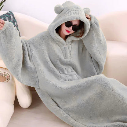 🦥 The Snuggly Sloth™ Long Soft Hoodie with Ears – Adjustable Elastic Drawcord at Bottom with Cord Lock for Custom Fit