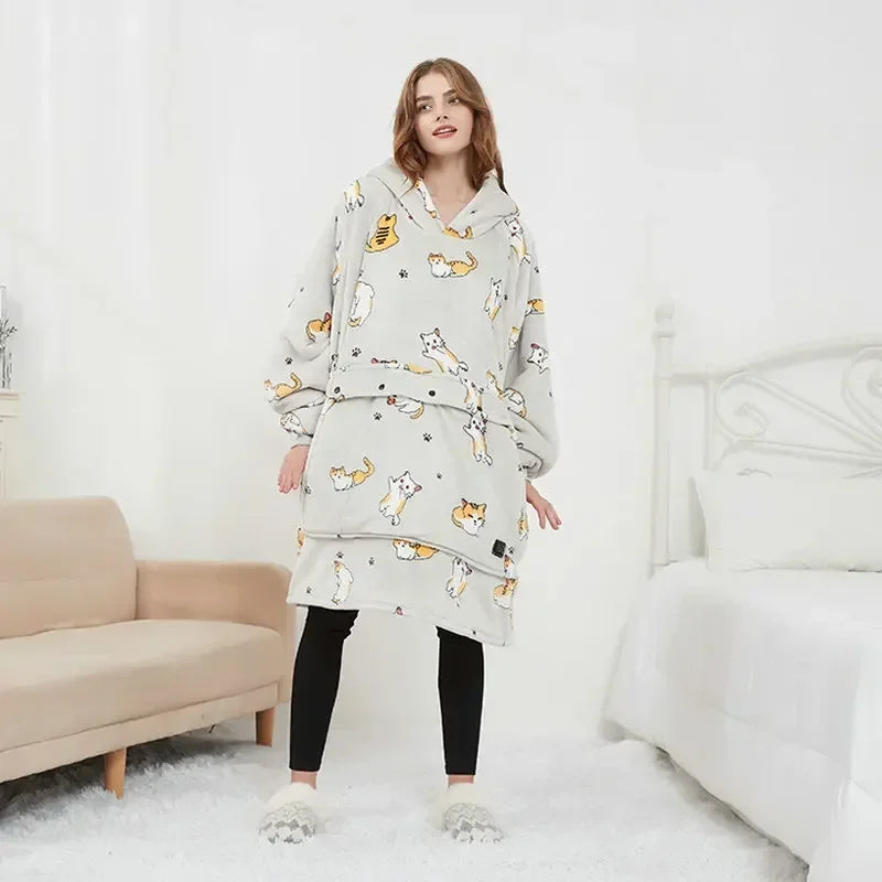 🦥 The Snuggly Sloth™ Unisex USB Heated Oversized Hoodie Blanket – Flannel Snuddie with Hood & Collar