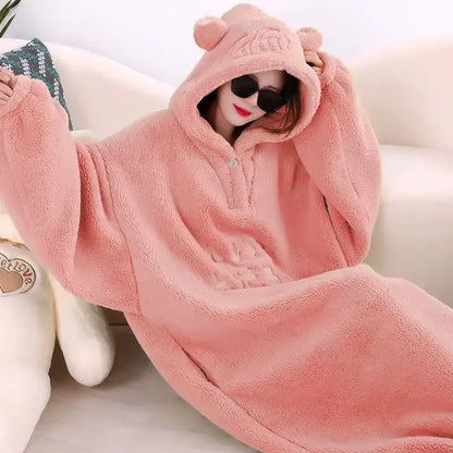 🦥 The Snuggly Sloth™ Long Soft Hoodie with Ears – Adjustable Elastic Drawcord at Bottom with Cord Lock for Custom Fit
